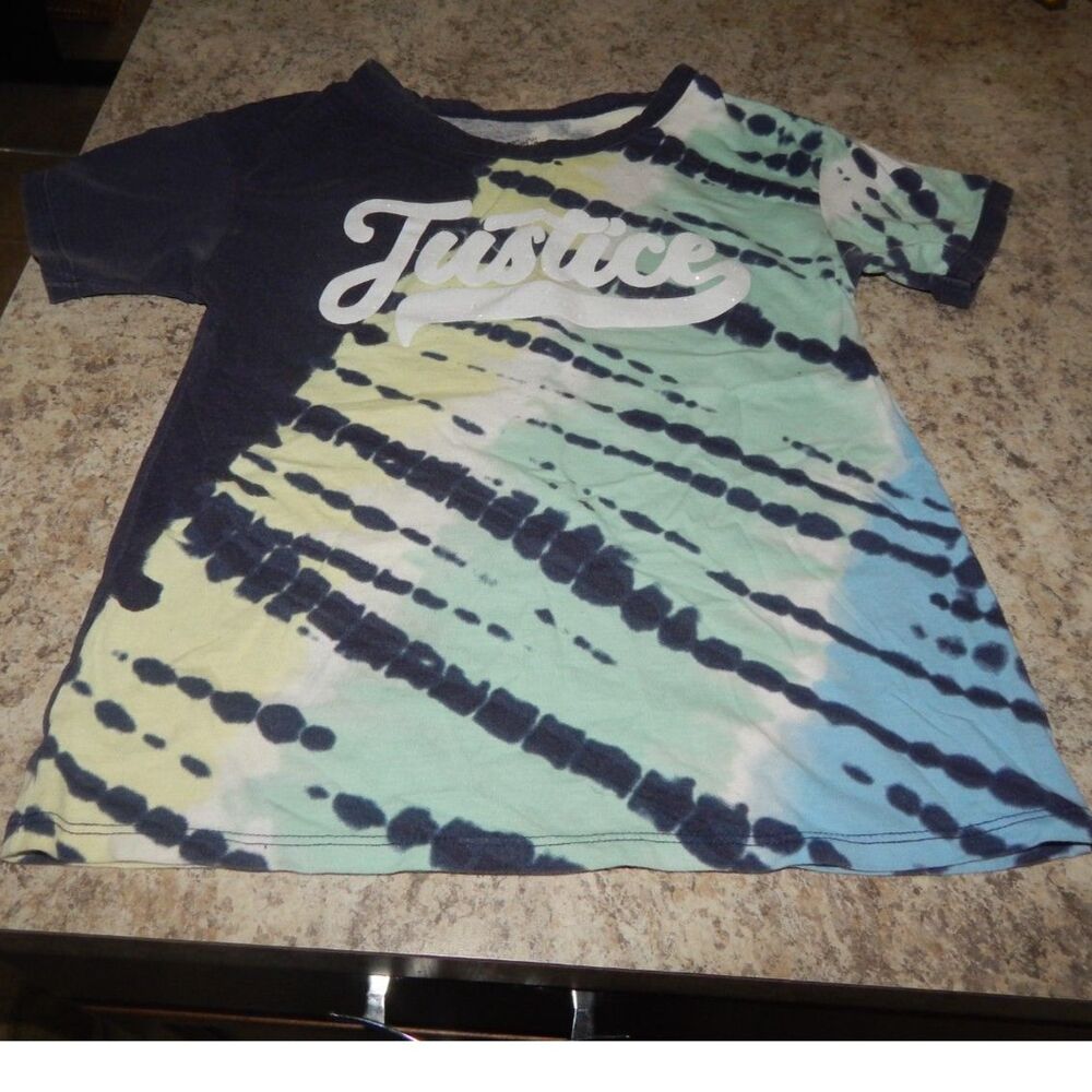 Justice Girls Medium 10 Tie Dye Graphic T-Shirt Blue Yellow Teal Glitter Logo